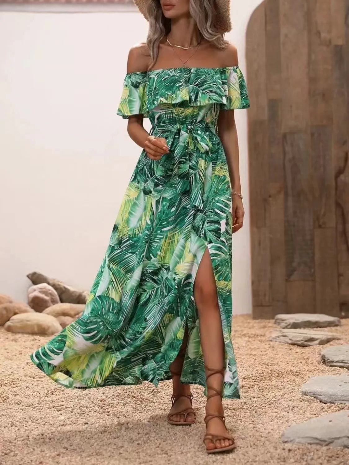 Ruffled Printed Off Shoulder Maxi Dress – Trendsi | ClozArt