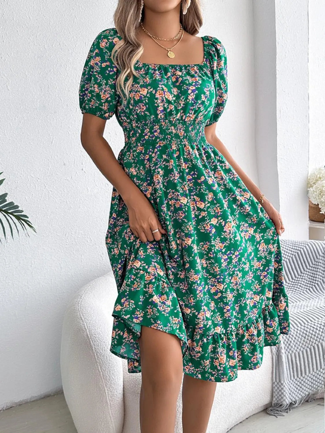 Ruffled Hem Floral Puff Sleeve Dress – Trendsi | ClozArt