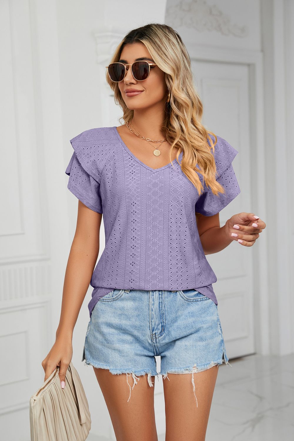 Eyelet Layered Flutter Sleeve V-Neck Knit Top – Trendsi | ClozArt
