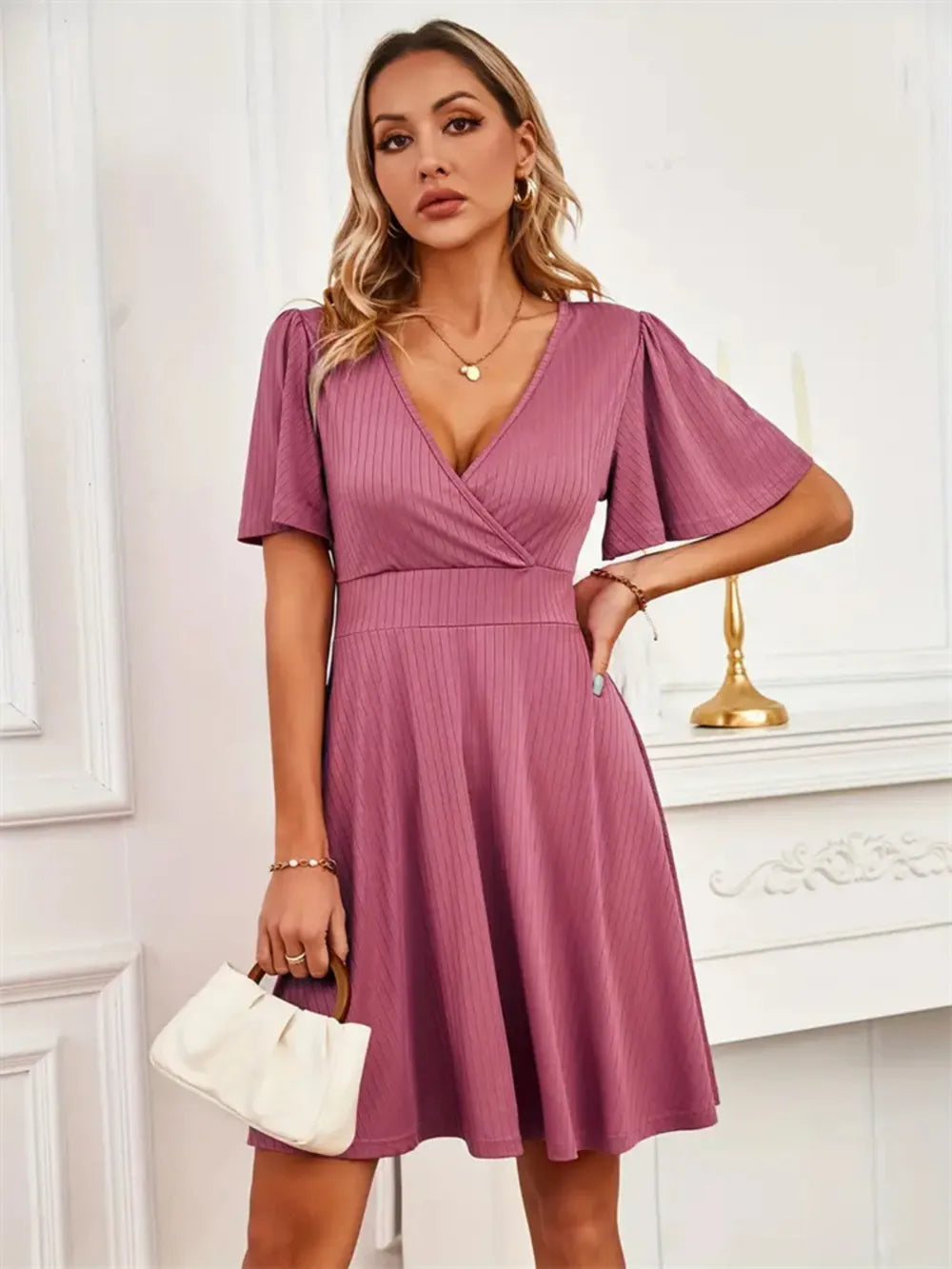 Surplice Flutter Sleeve Mini Dress – Trendsi | ClozArt