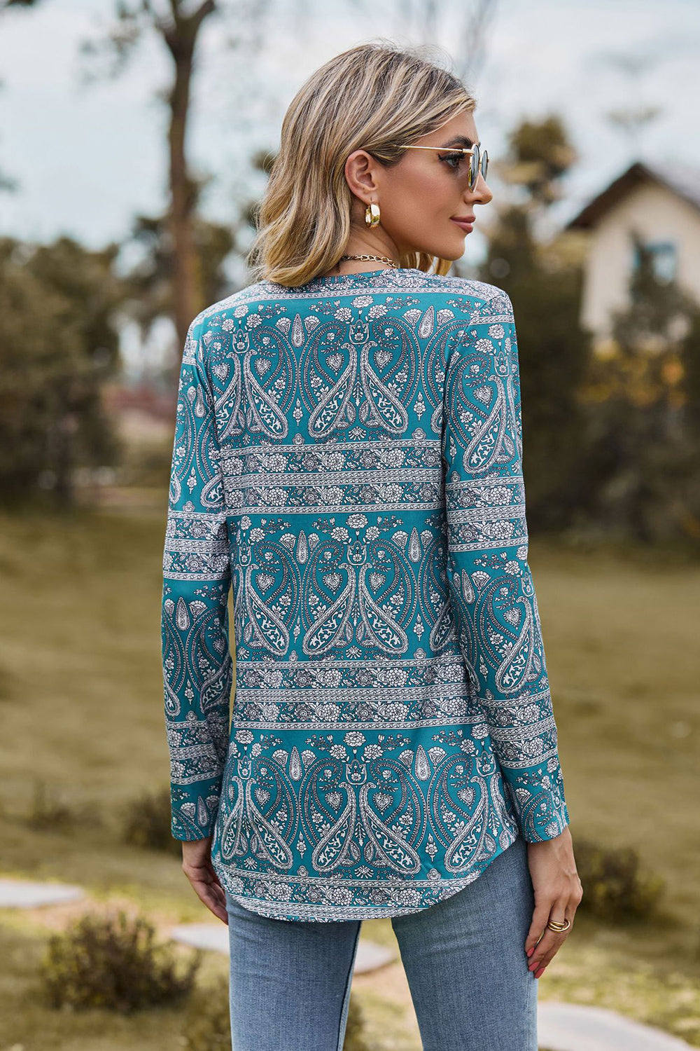 Printed Square Neck Long Sleeve Blouse – Trendsi | ClozArt