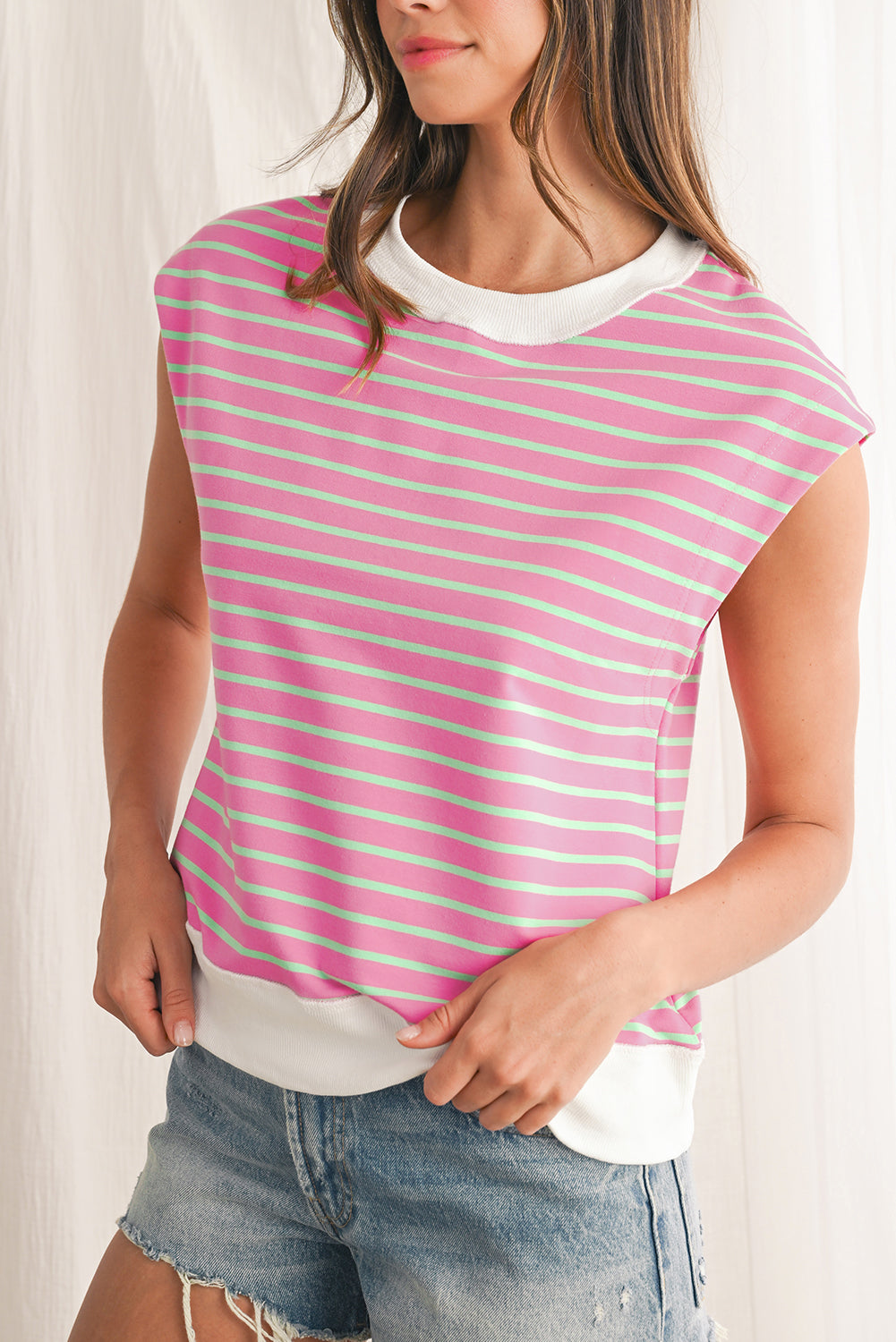 Sachet Pink Striped Contrast Trim Top – Shewin | ClozArt