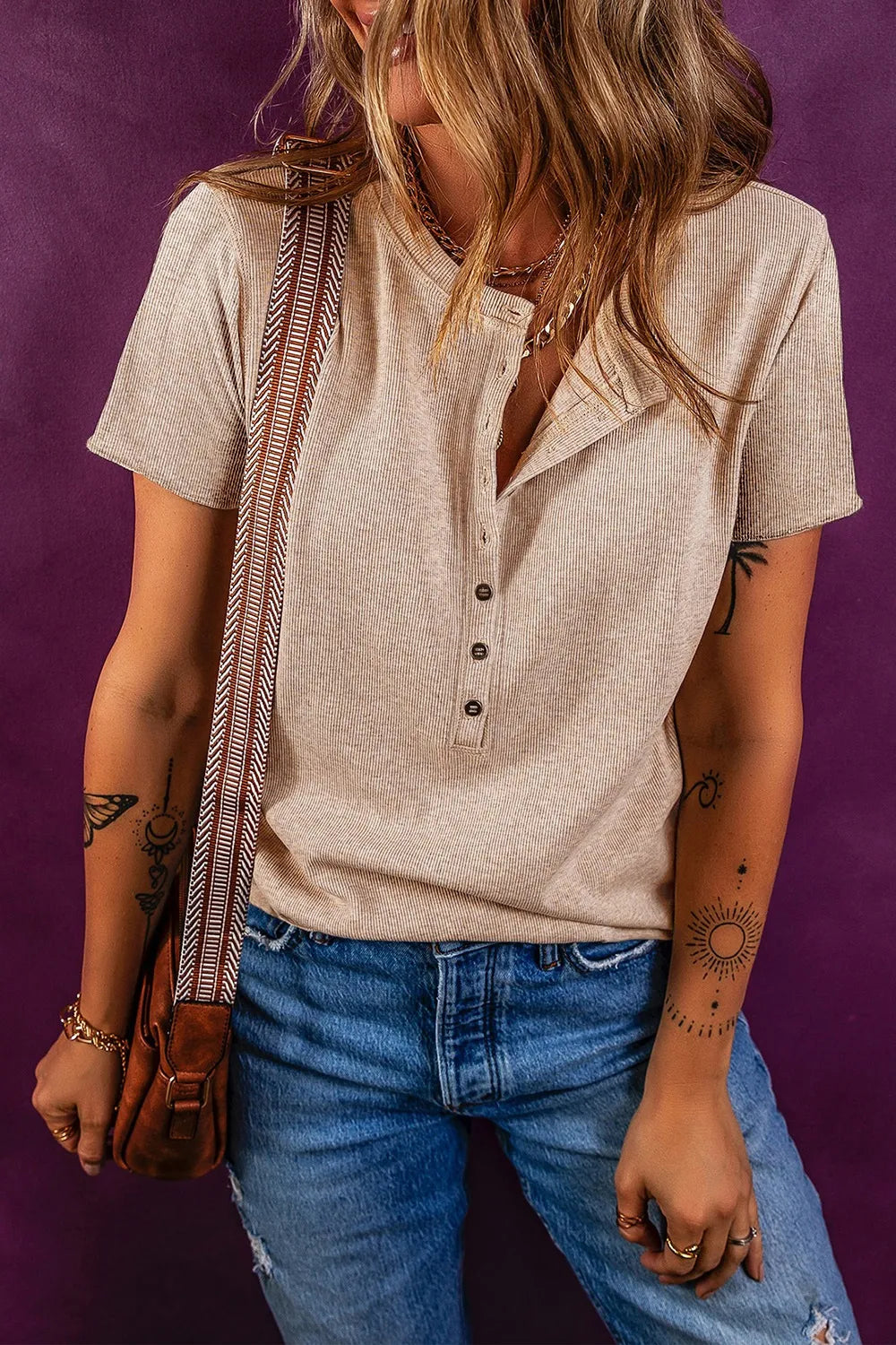 Short Sleeve Half Button Ribbed Knit Top – Trendsi | ClozArt