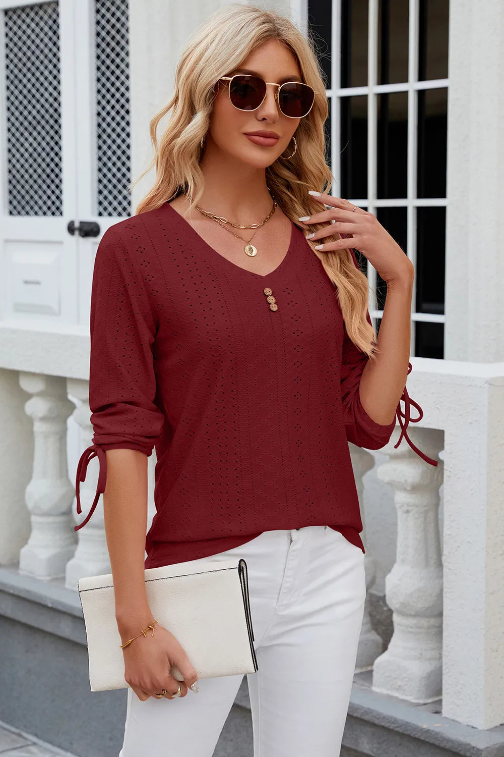 Eyelet Drawstring V-Neck Half Sleeve T-Shirt – Trendsi | ClozArt