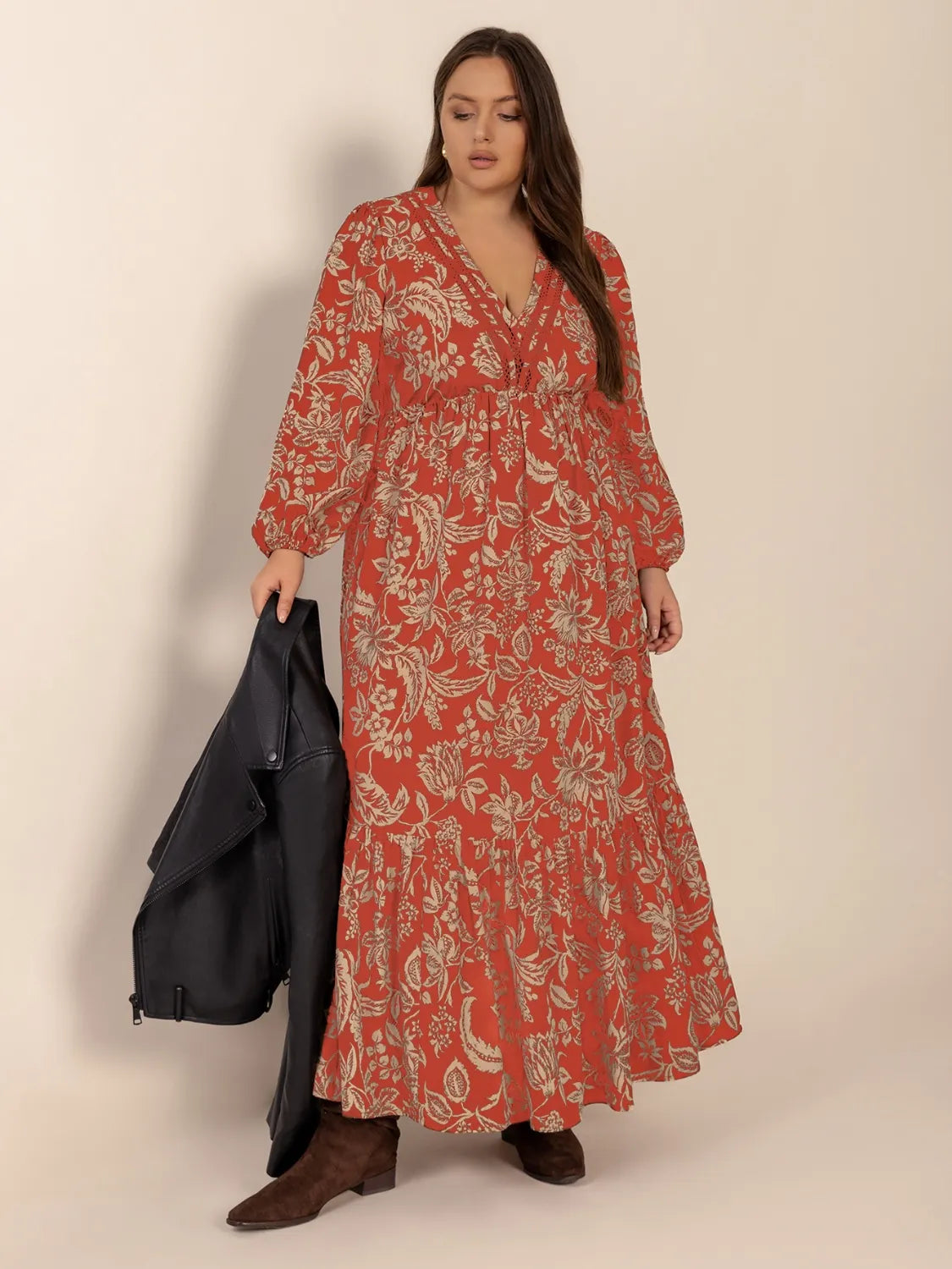 Plus Size Lace Detail Printed Balloon Sleeve Midi Dress – Trendsi | ClozArt
