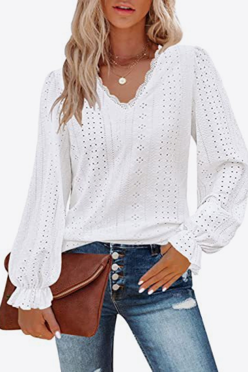 Eyelet V-Neck Flounce Sleeve Blouse – Trendsi | ClozArt