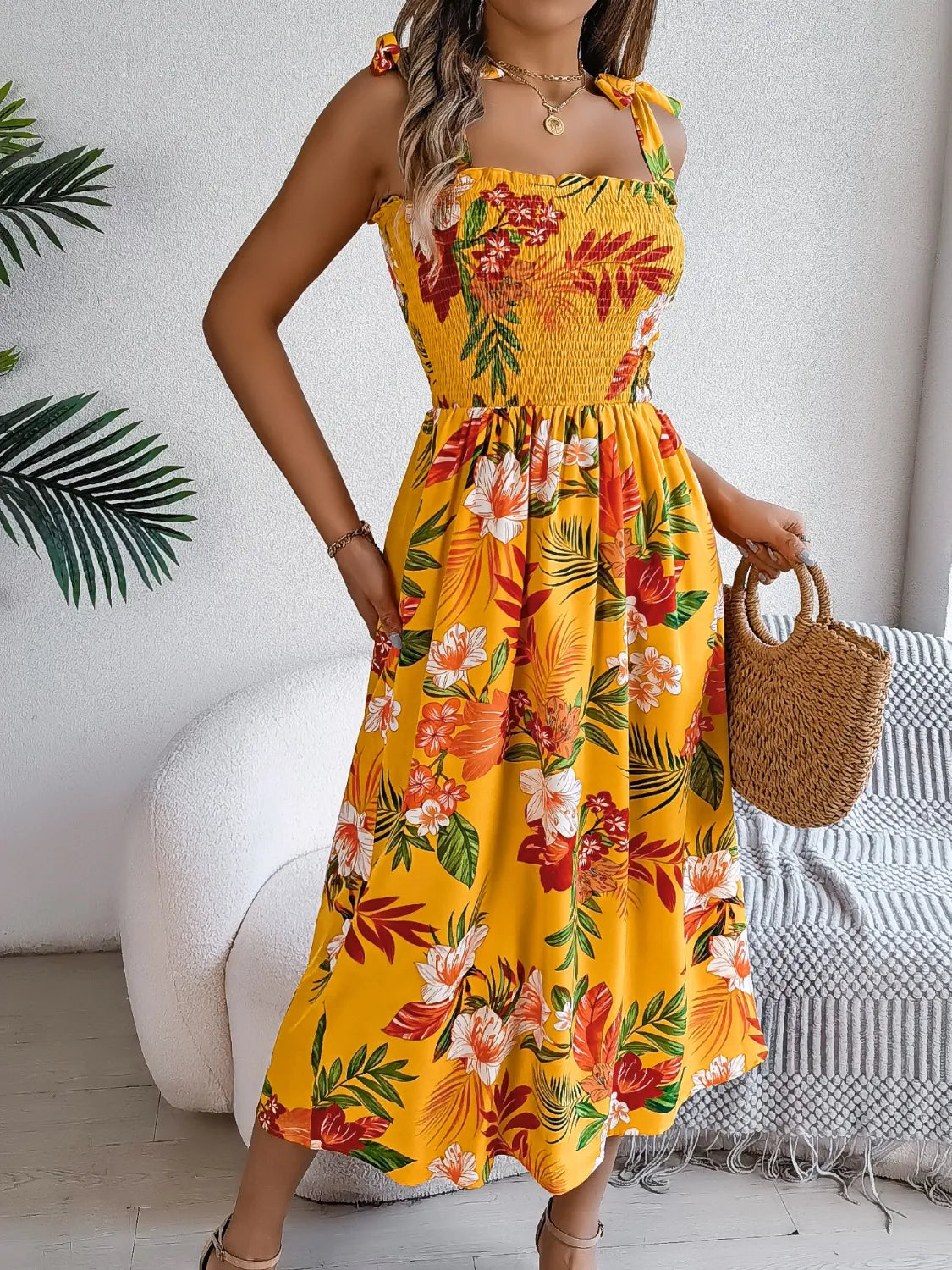 Smocked Floral Tie Shoulder Midi Dress – Trendsi | ClozArt