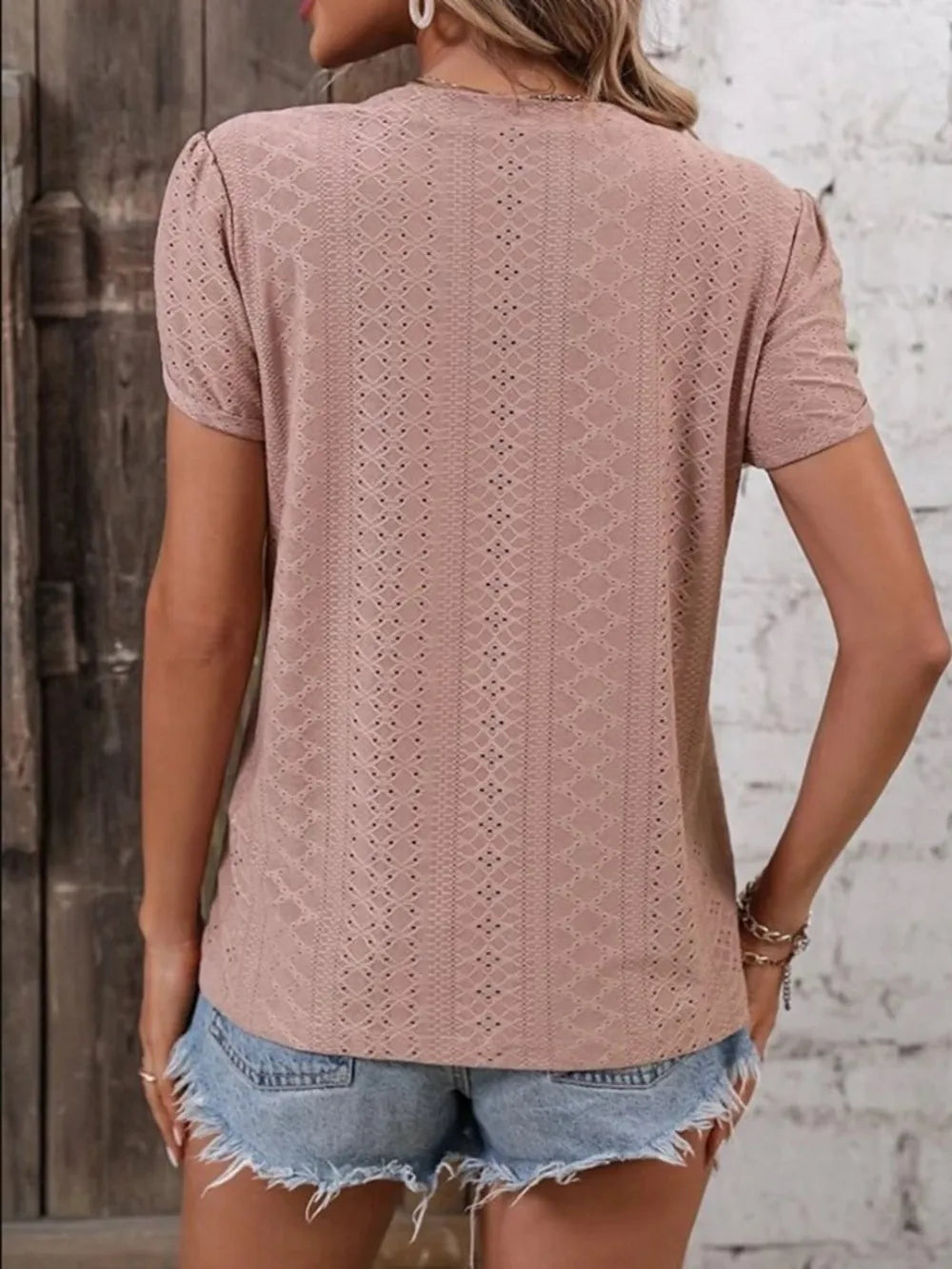 Eyelet V-Neck Petal Sleeve T-Shirt – Trendsi | ClozArt