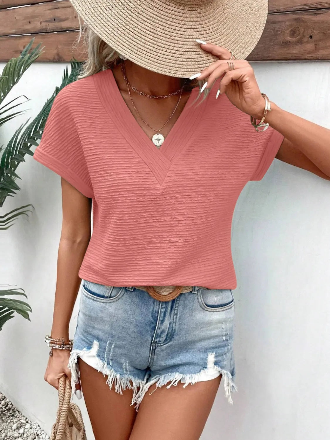 Textured Solid Color Short Sleeve Top – Trendsi | ClozArt
