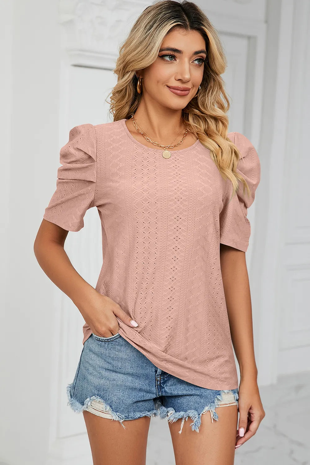 Eyelet Round Neck Puff Sleeve T-Shirt – Trendsi | ClozArt