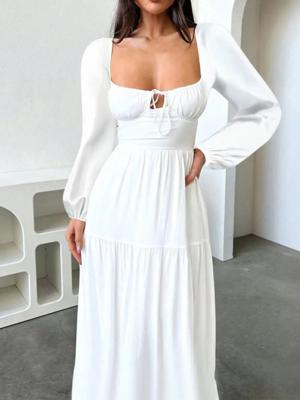 Devine Tie Front Long Sleeve Maxi Dress – Trendsi | ClozArt