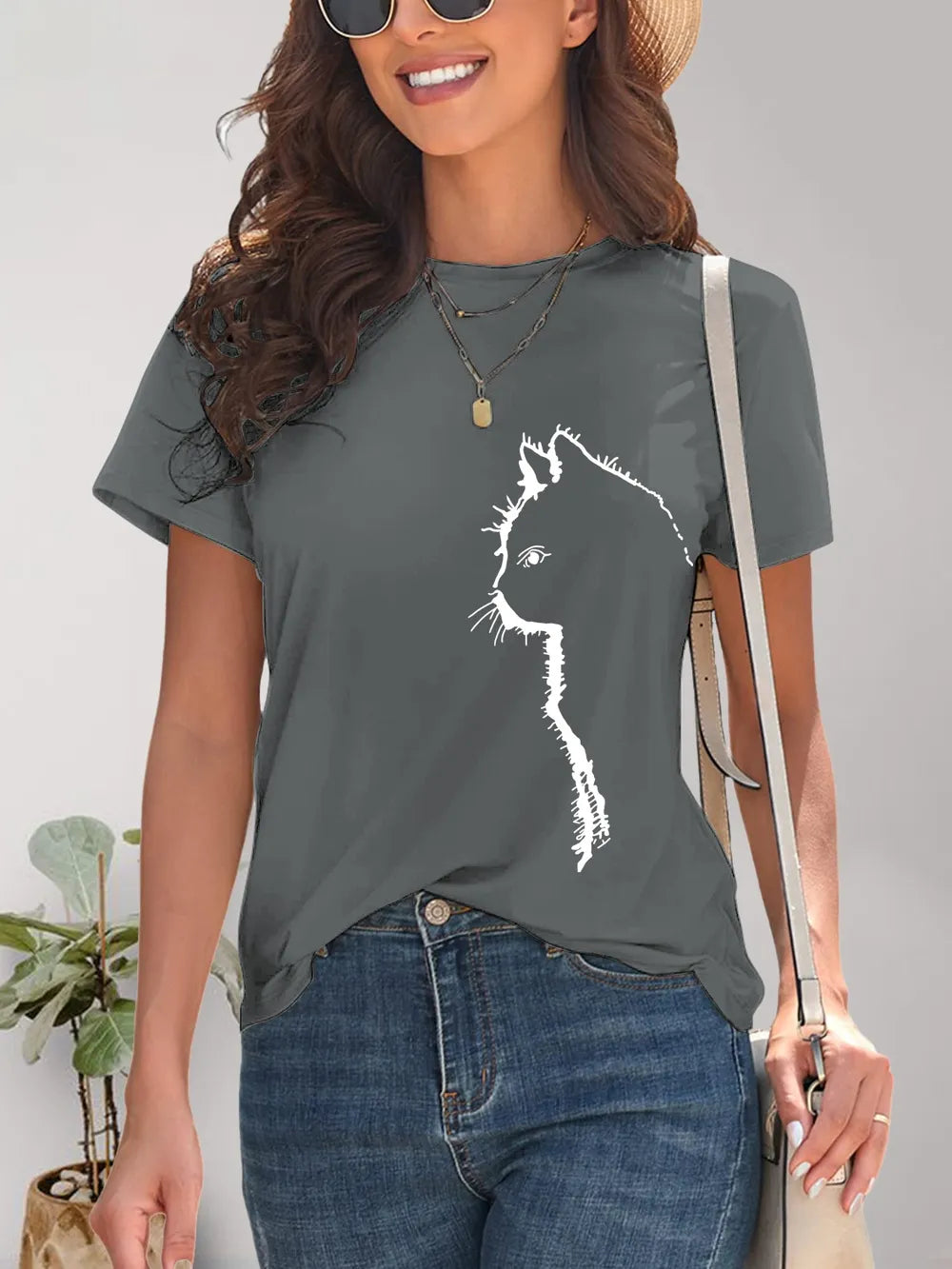 Cat Round Neck Short Sleeve T-Shirt – Trendsi | ClozArt