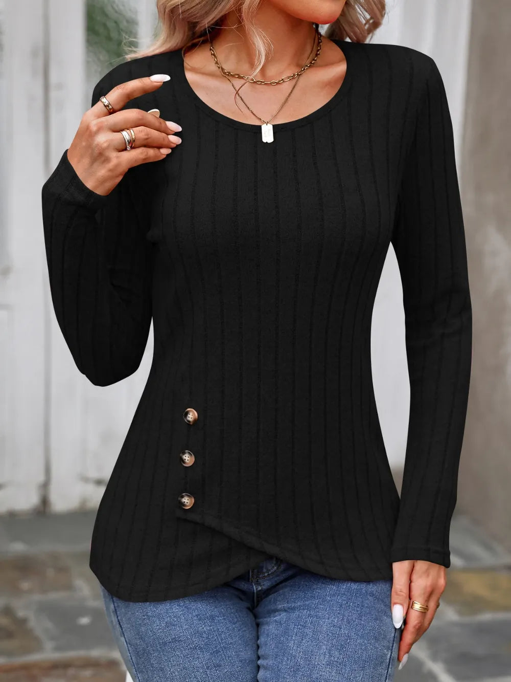 Decorative Button Round Neck Long Sleeve T-Shirt – Trendsi | ClozArt