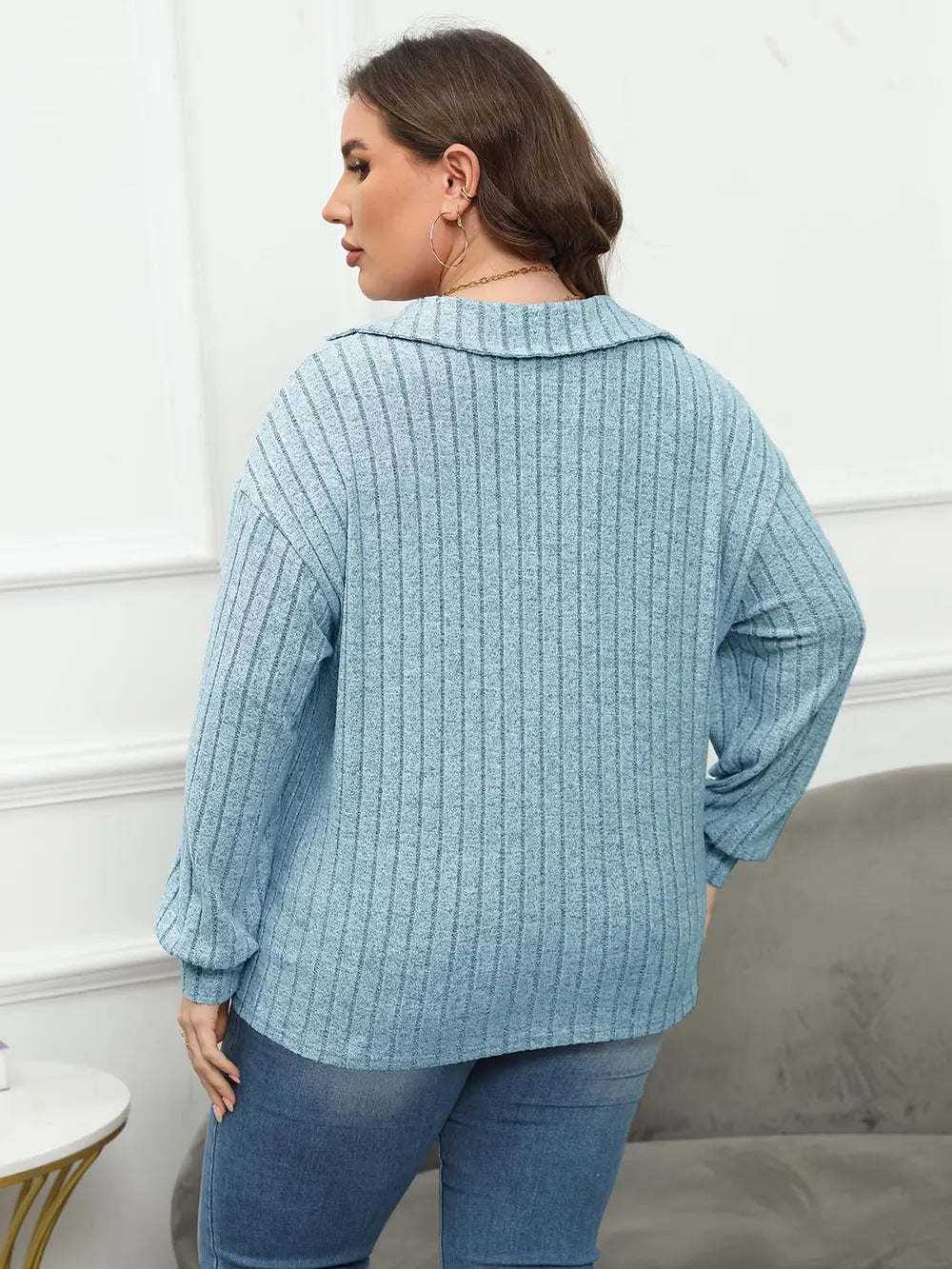 Plus Size Ribbed Collared Neck Long Sleeve Blouse – Trendsi | ClozArt