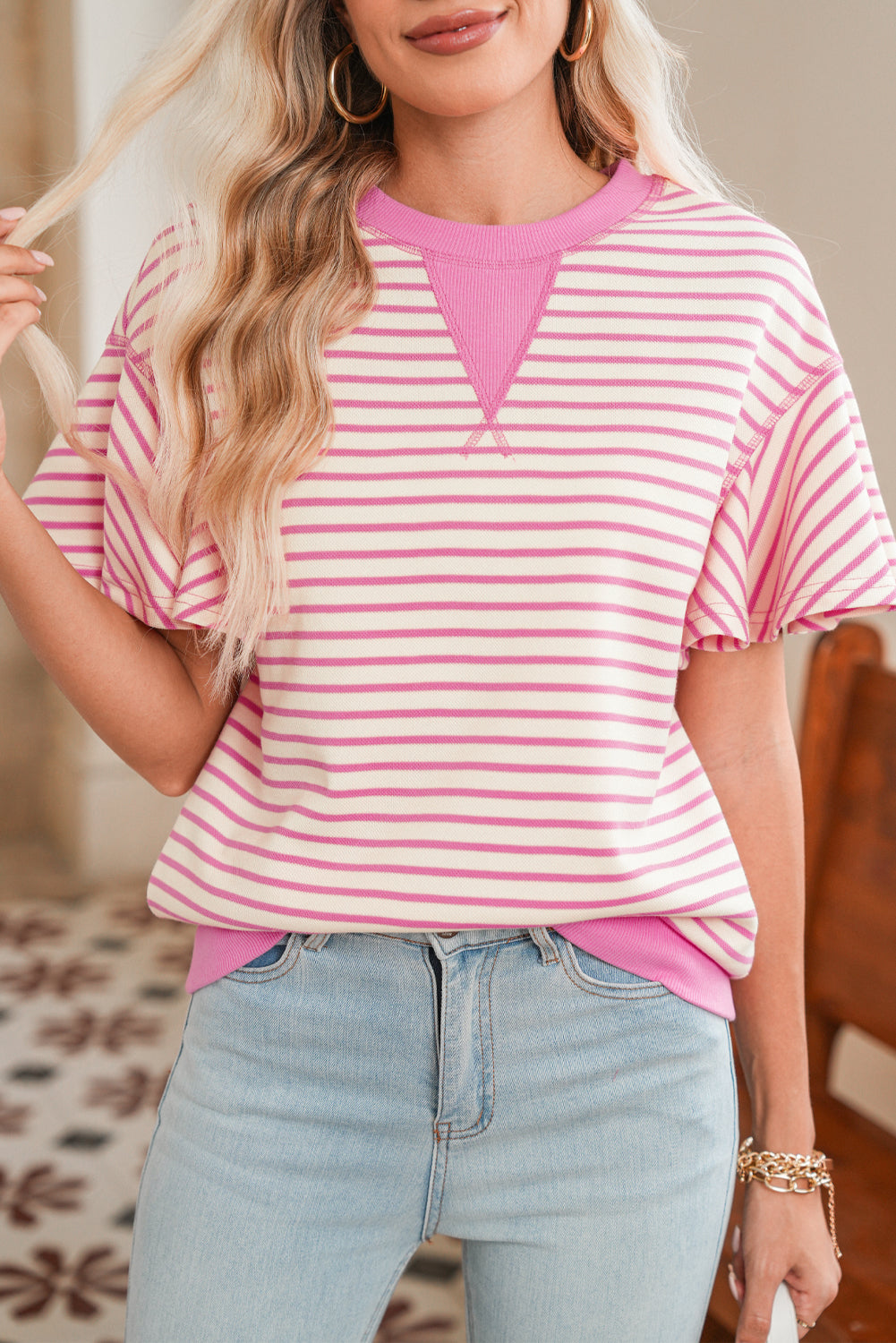 Sachet Pink Striped Ruffle Sleeve Round Neck Top – Shewin | ClozArt