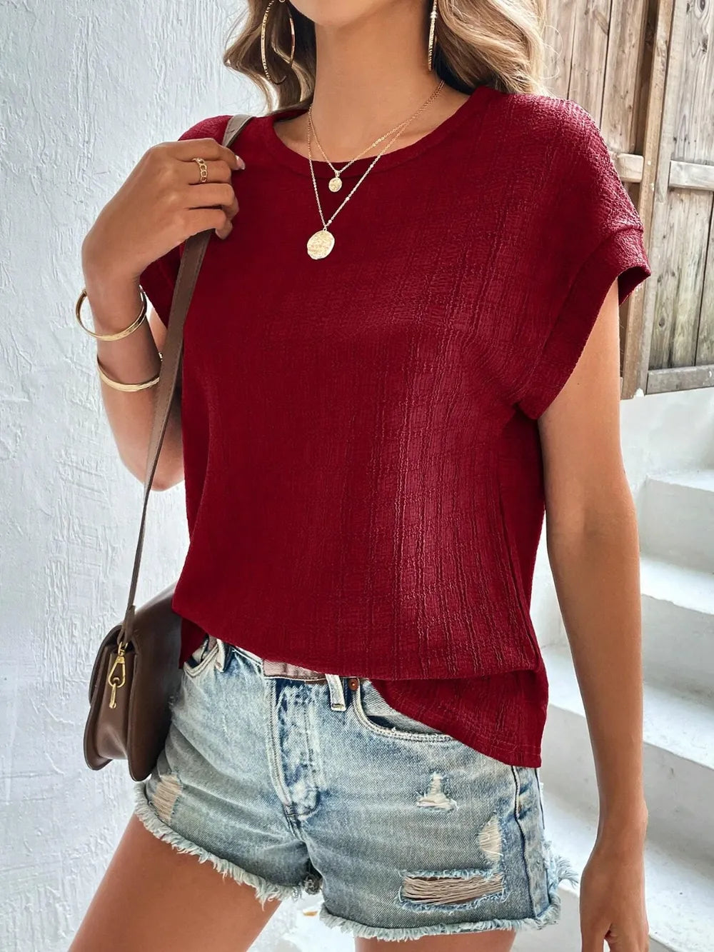 Textured Round Neck Short Sleeve Top – Trendsi | ClozArt