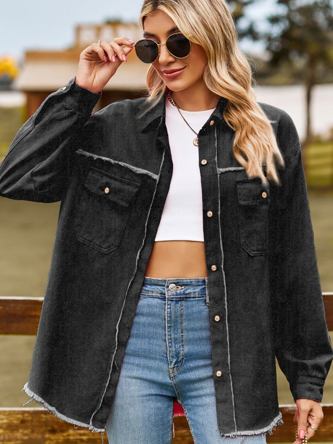 Button Up Collared Neck Raw Hem Denim Top – Trendsi | ClozArt