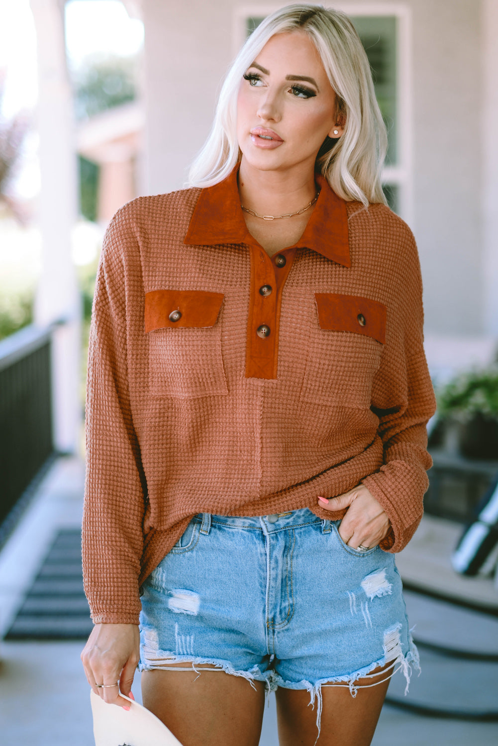 Half-Button Collared Long Sleeve Top – Trendsi | ClozArt