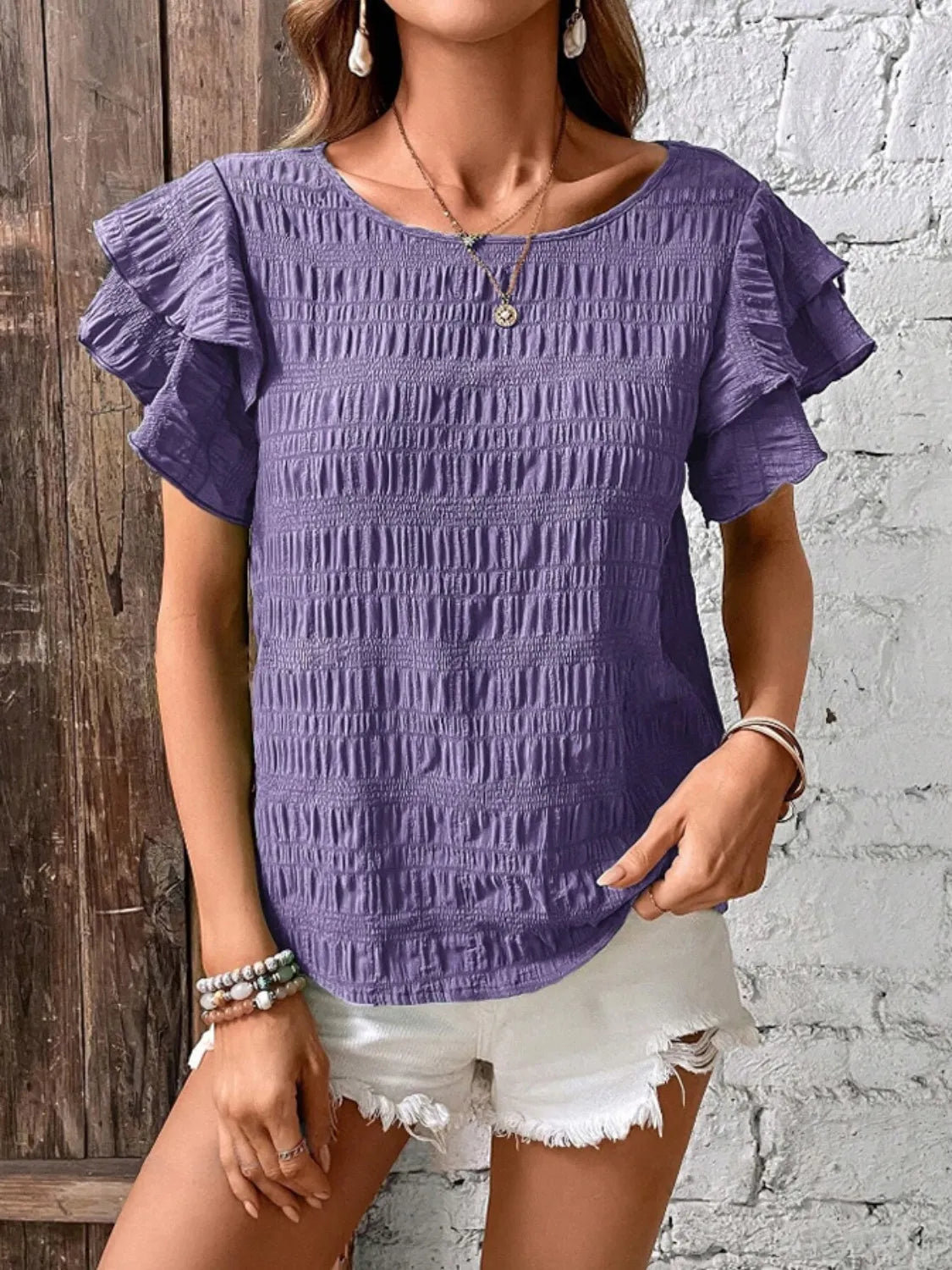 Round Neck Ruffled Short Sleeve Top – Trendsi | ClozArt