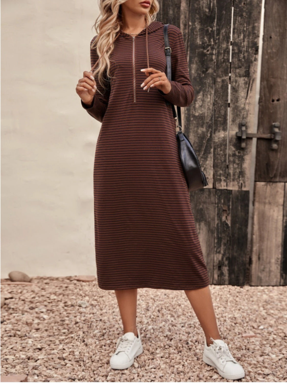 Striped Zip Front Hooded Dress – Trendsi | ClozArt