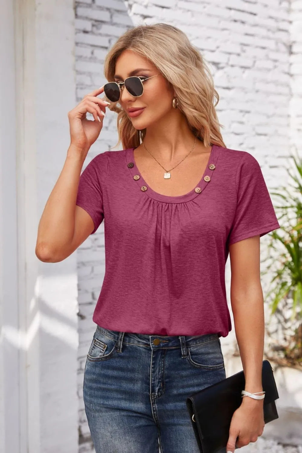 Decorative Button Scoop Neck T-Shirt – Trendsi | ClozArt