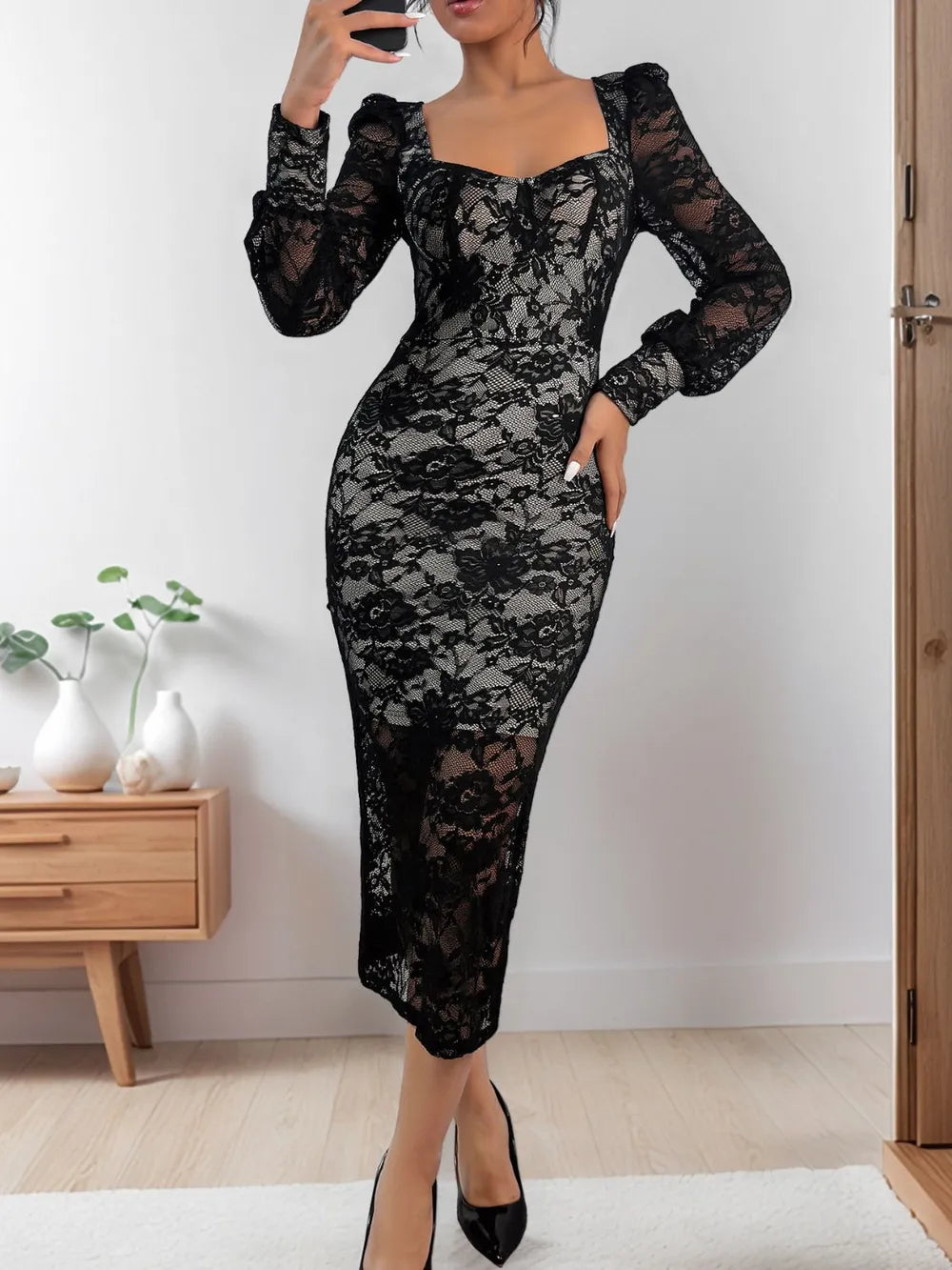 Perfee Lace Sweetheart Neck Long Sleeve Midi Dress – Trendsi | ClozArt