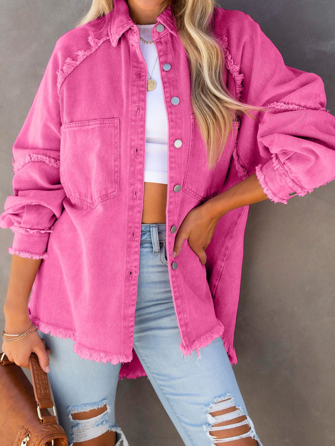 Button Down Raw Hem Denim Jacket – Trendsi | ClozArt
