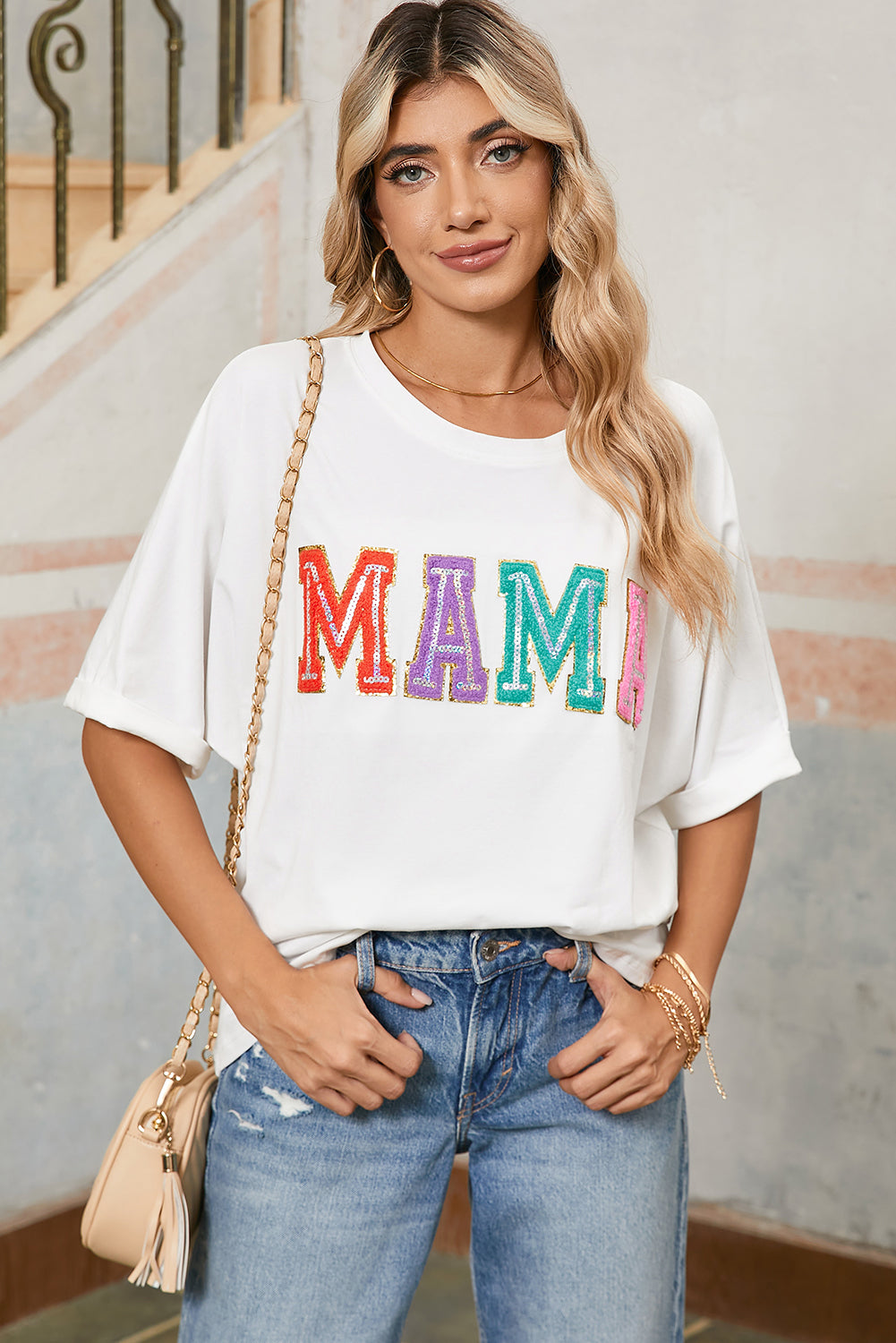 Black MAMA Chenille Patched Crew Neck T Shirt – Shewin | ClozArt
