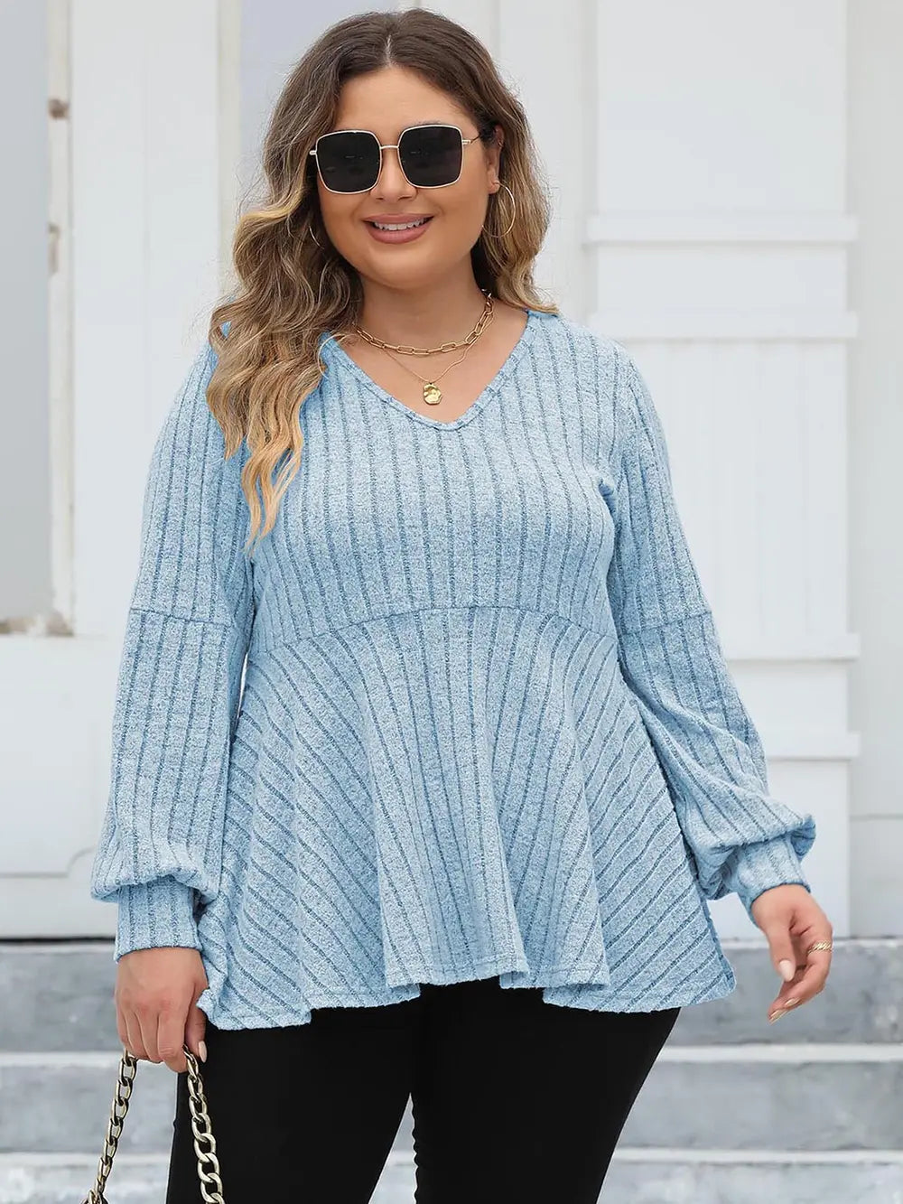 Plus Size Ribbed V-Neck Long Sleeve Blouse – Trendsi | ClozArt
