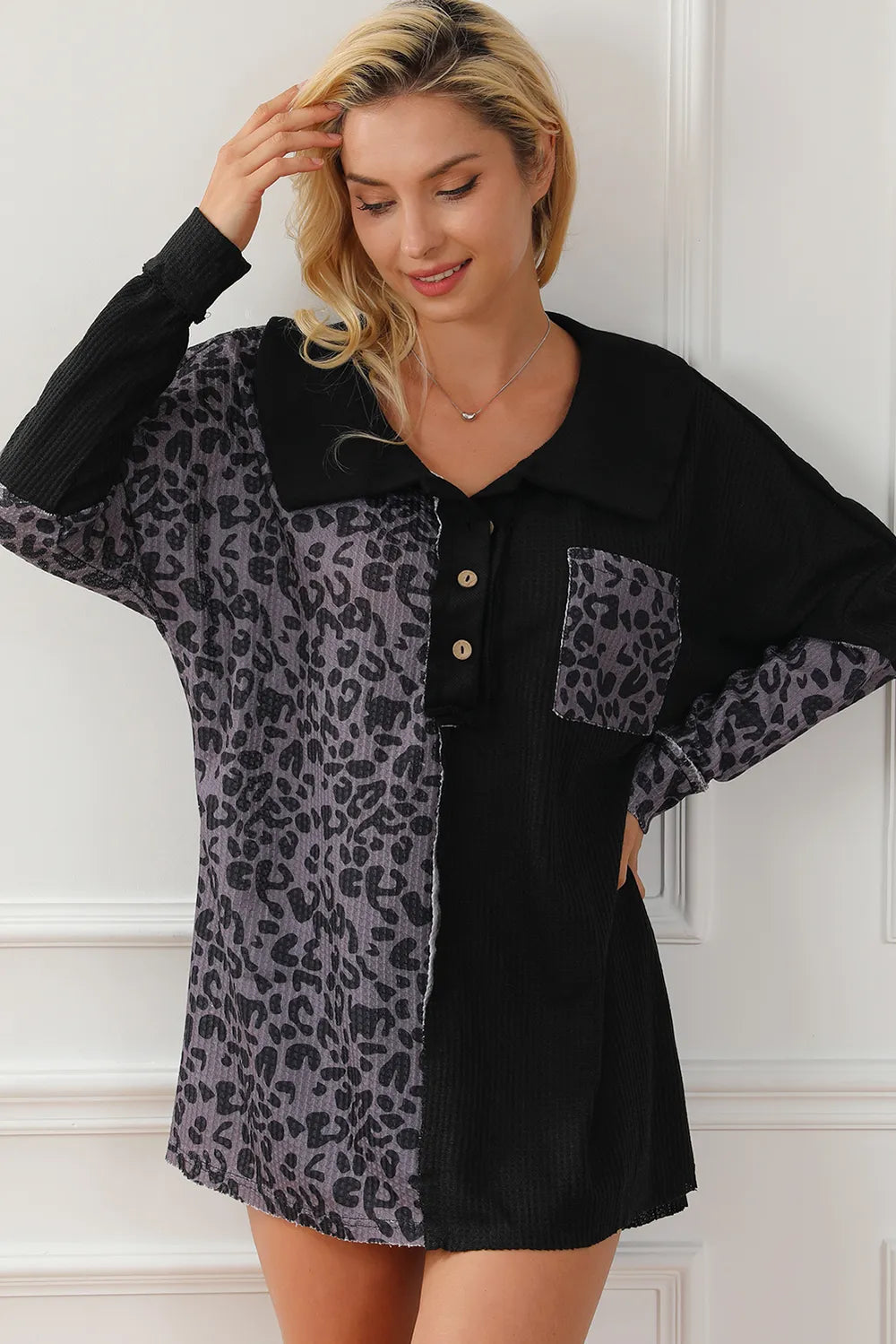 Half Button Leopard Collared Neck Blouse – Trendsi | ClozArt