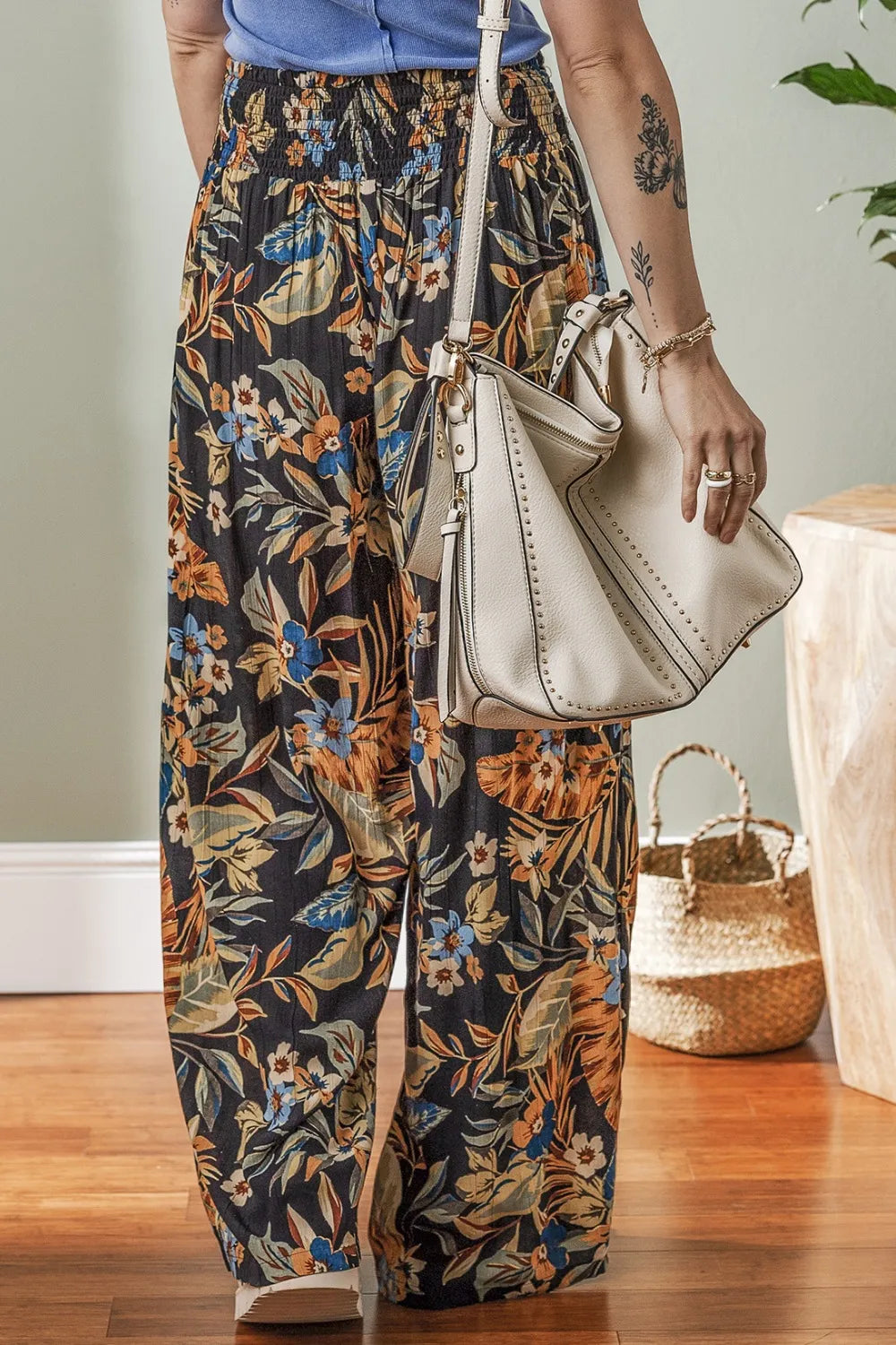 Floral Shirred High Waist Wide Leg Pants with Tie – Trendsi | ClozArt