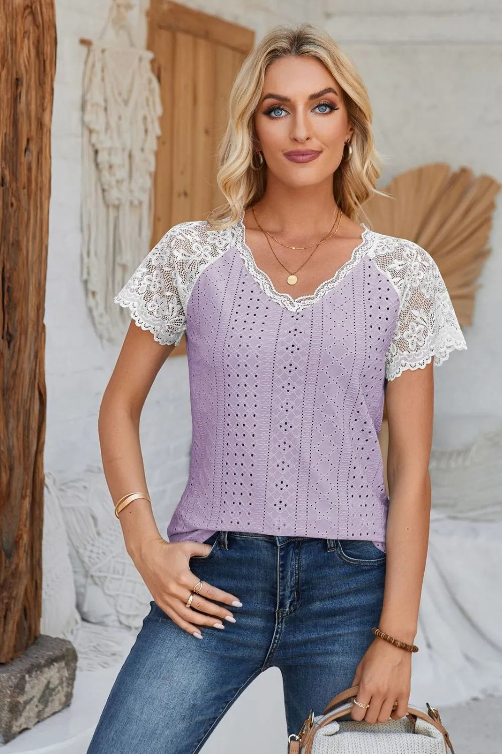 Eyelet V-Neck Lace Short Sleeve T-Shirt – Trendsi | ClozArt