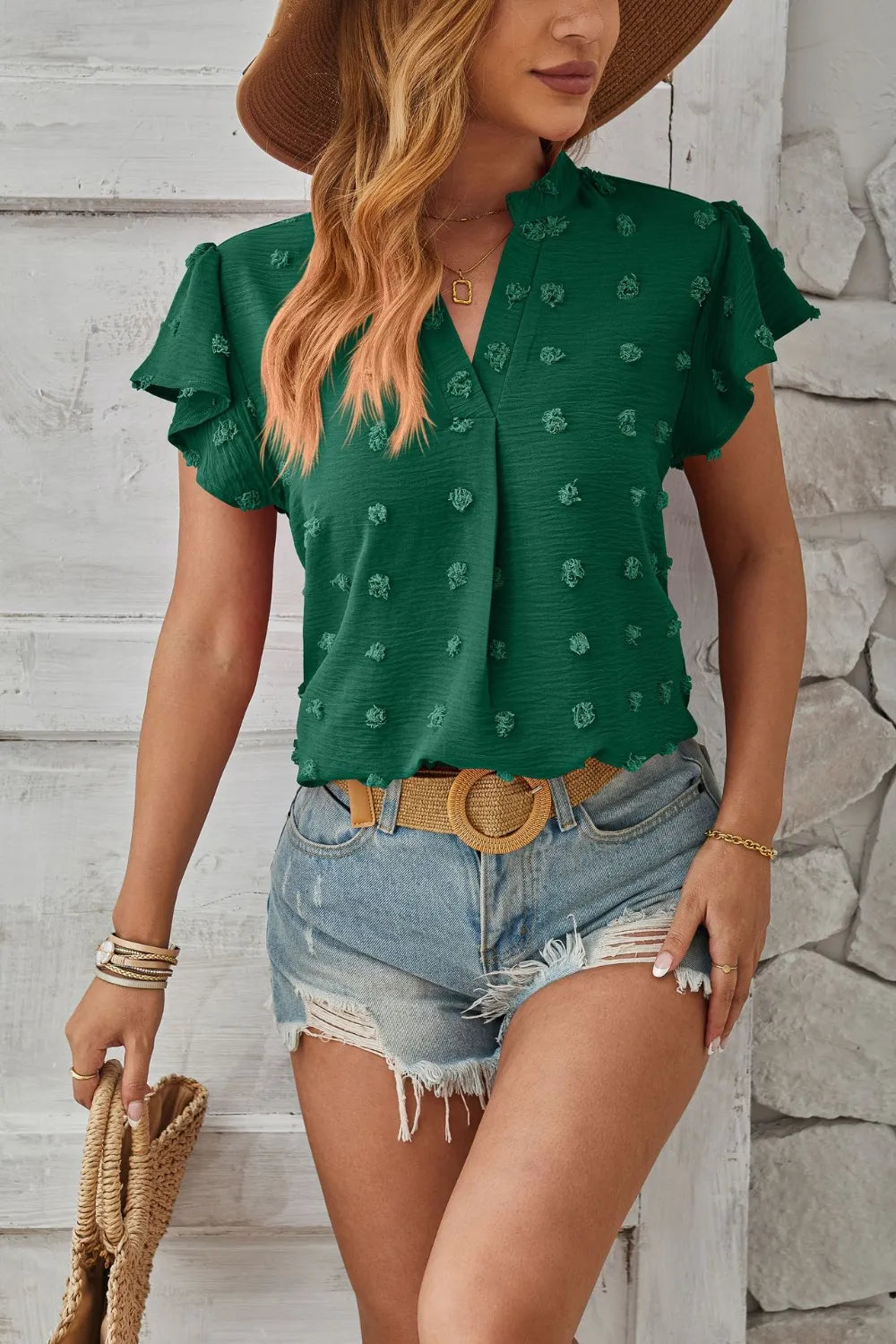 Swiss Dot Notched Cap Sleeve T-Shirt – Trendsi | ClozArt