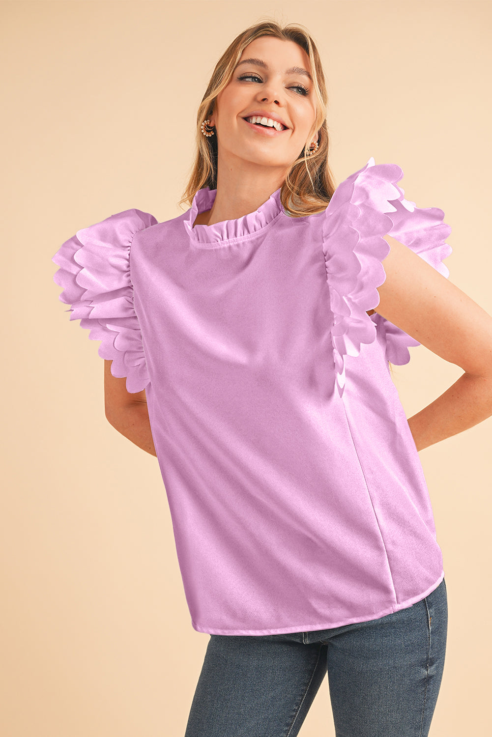 Bright Pink Solid Scalloped Ruffle Sleeve Blouse – Shewin | ClozArt
