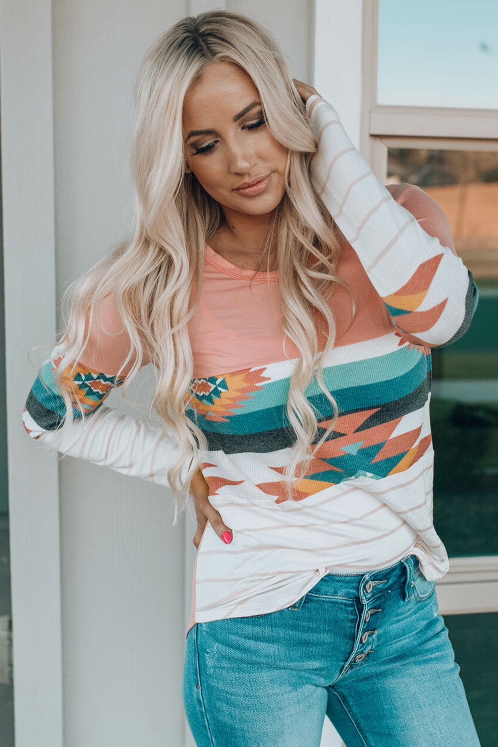 Geometric Round Neck Long Sleeve T-Shirt – Trendsi | ClozArt