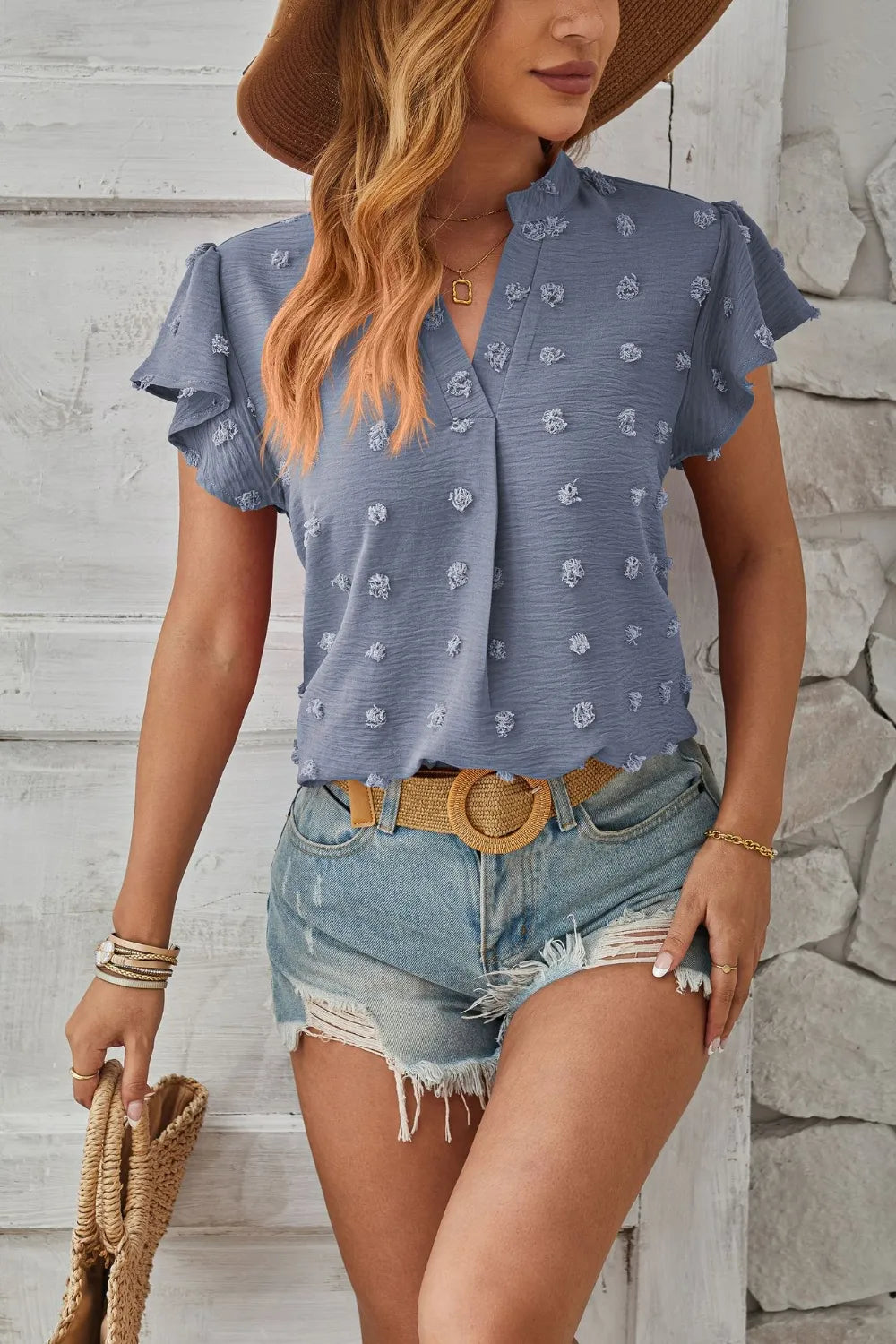 Swiss Dot Notched Cap Sleeve T-Shirt – Trendsi | ClozArt