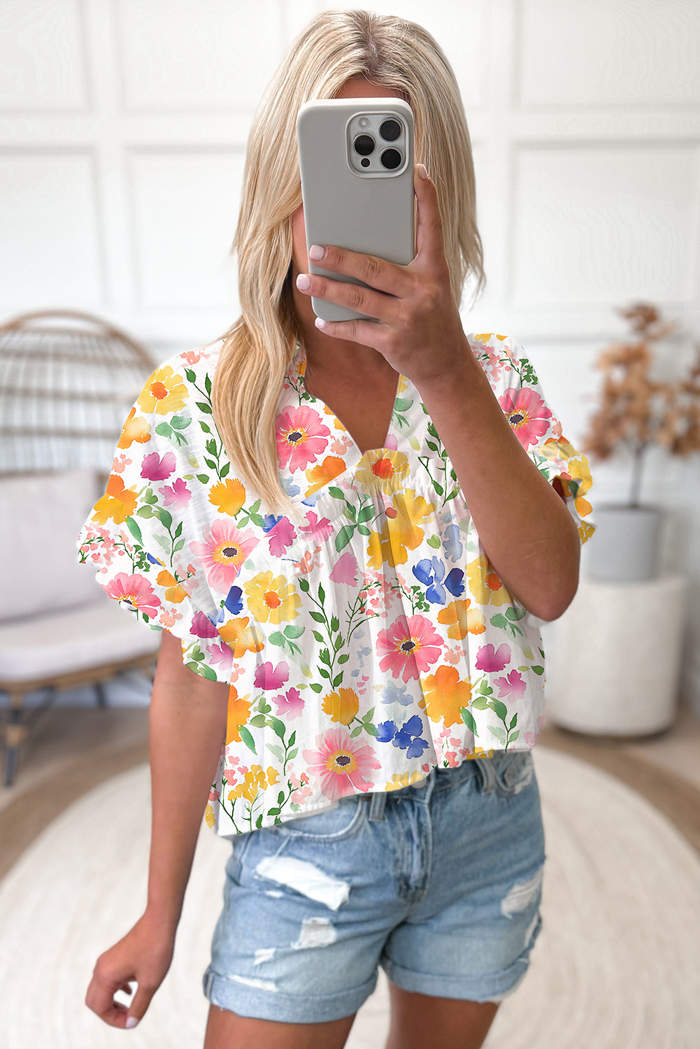 Yellow Allover Floral Print Boxy Fit V Neck Blouse – Shewin | ClozArt