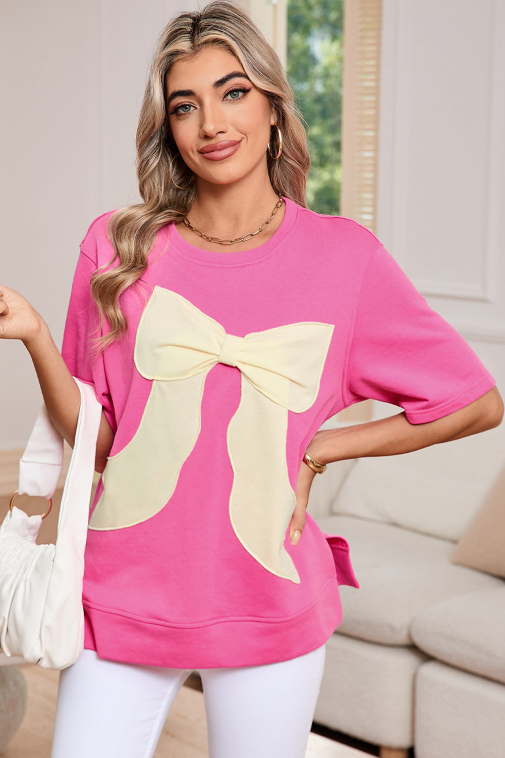 Strawberry Pink Sweet Bow Round Neck T-Shirt – Shewin | ClozArt