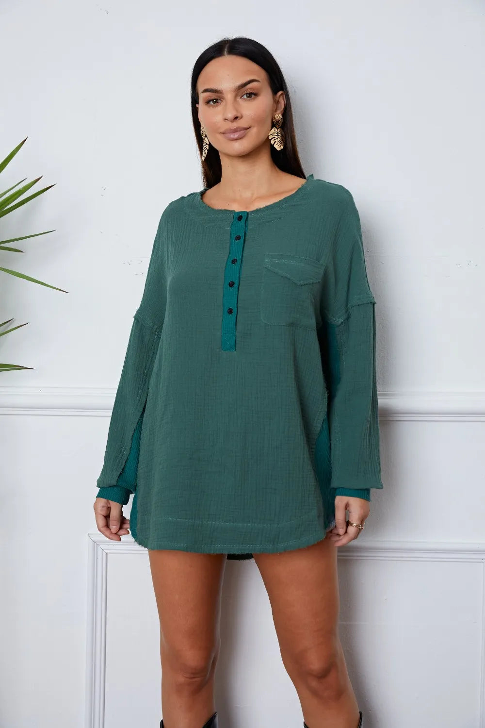 Half Button Up Round Neck Blouse – Trendsi | ClozArt