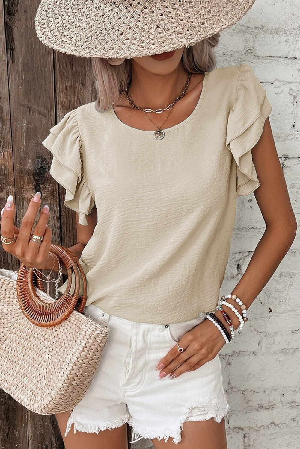 Mist Blue Solid Color Ruffle Sleeve Crinkled Blouse – Shewin | ClozArt