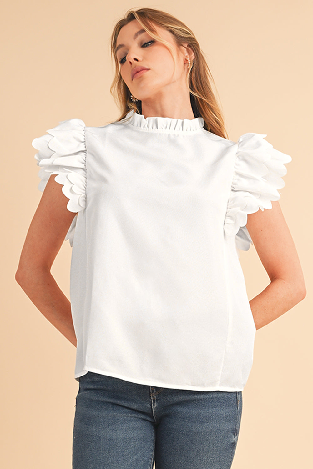 Bright Pink Solid Scalloped Ruffle Sleeve Blouse – Shewin | ClozArt