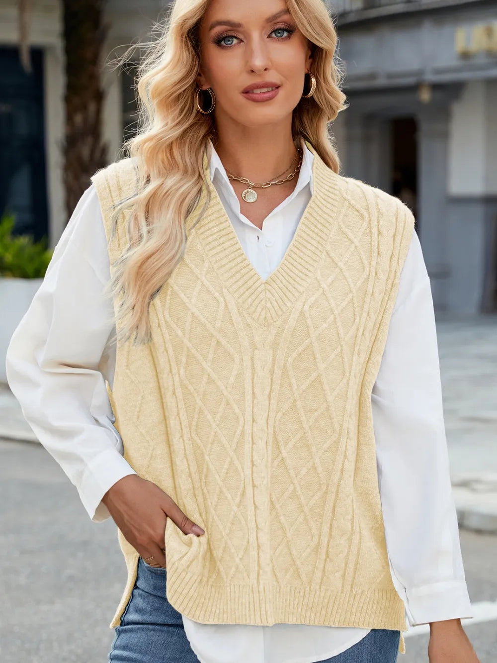 Cable Knit V-Neck Sweater Vest – Trendsi | ClozArt