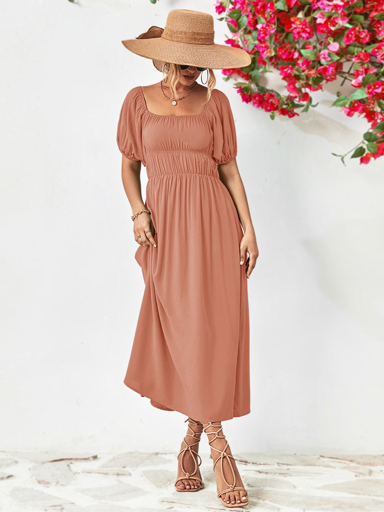 Off-Shoulder Balloon Sleeve Midi Dress – Trendsi | ClozArt