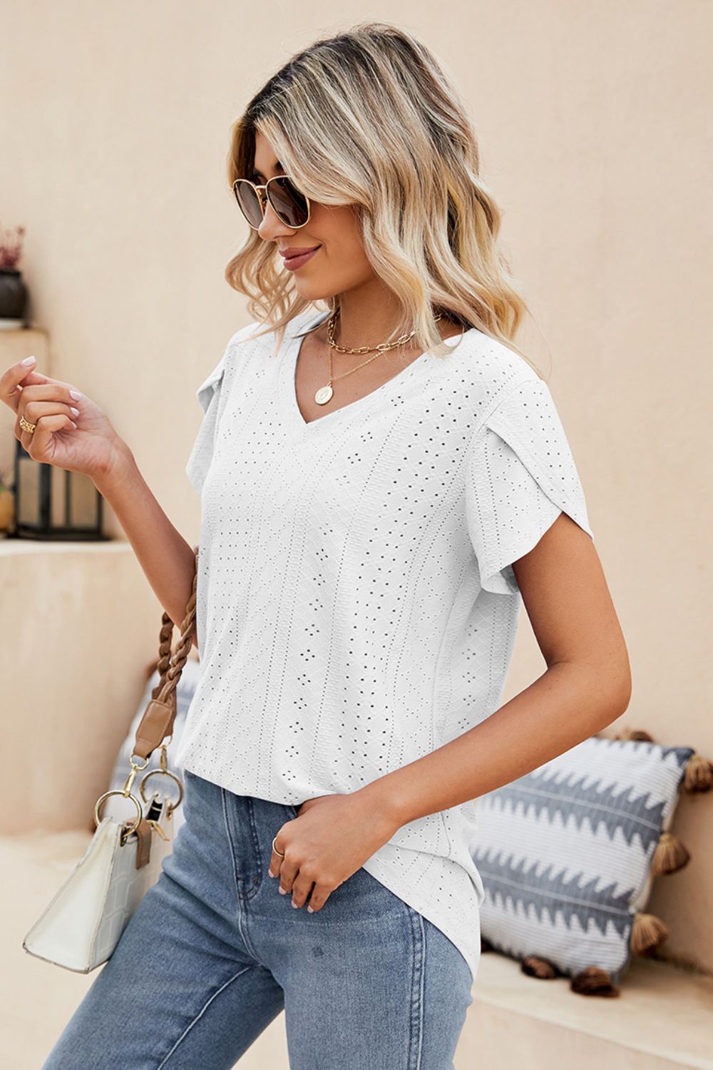 Eyelet Petal Sleeve V-Neck Knit Top – Trendsi | ClozArt