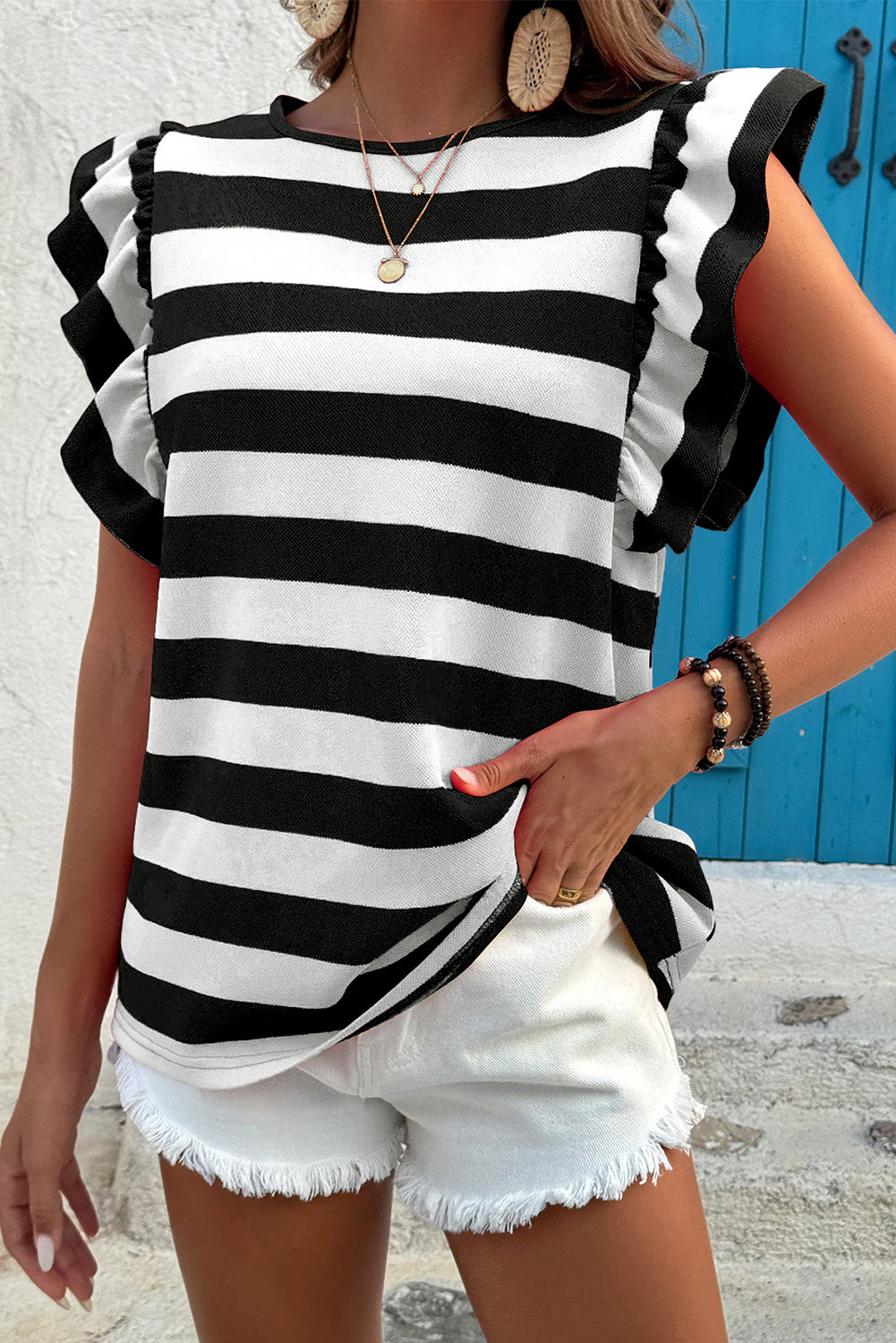 Black Stripe Flutter Sleeve Round Neck T Shirt – Shewin | ClozArt
