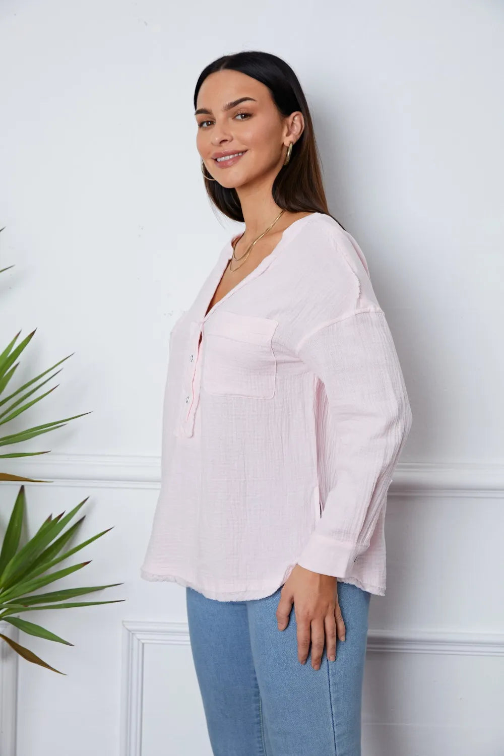 Texture Half Button Raw Hem Top – Trendsi | ClozArt