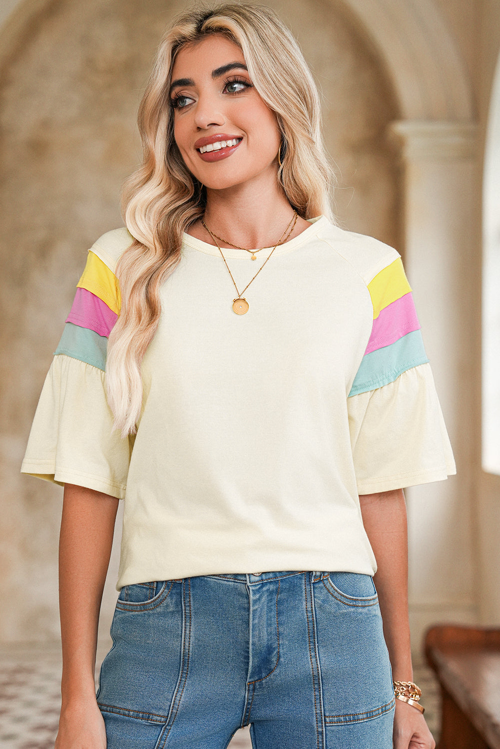 White Colorblock Short Sleeve Round Neck T-Shirt – Shewin | ClozArt