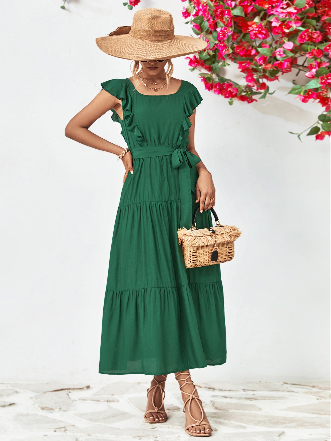 Tie Belt Ruffled Tiered Dress – Trendsi | ClozArt