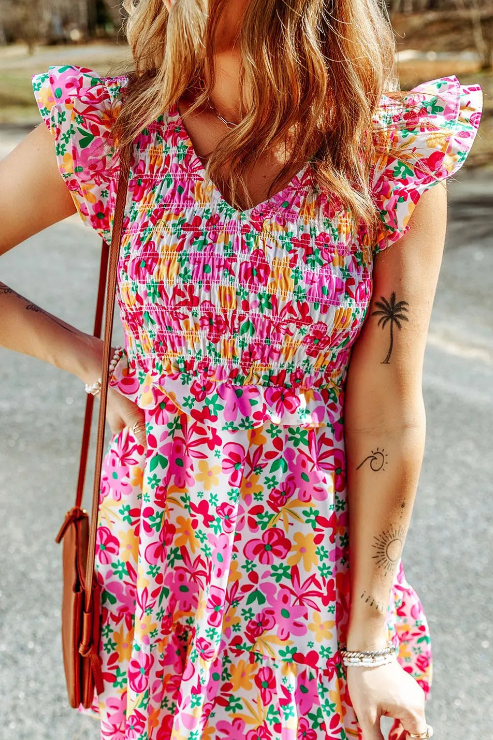 Smocked Floral V-Neck Ruffled Cap Sleeve Dress – Trendsi | ClozArt