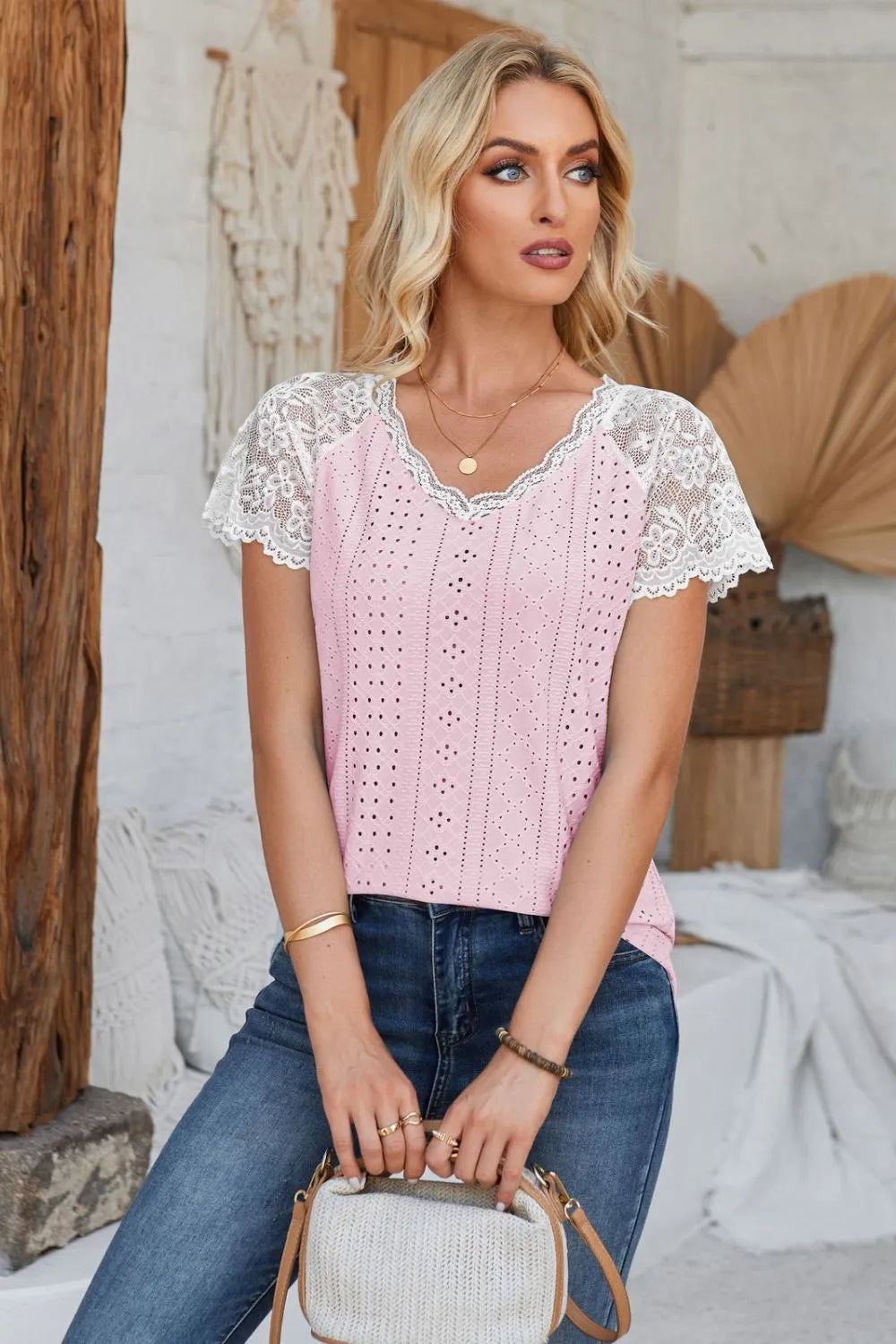 Eyelet V-Neck Lace Short Sleeve T-Shirt – Trendsi | ClozArt